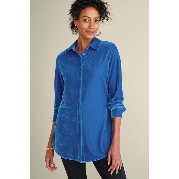 Soft Surroundings Womens Size L Stretch Velvet Boyfriend Button Down Tunic Shirt - Picture 7 of 15